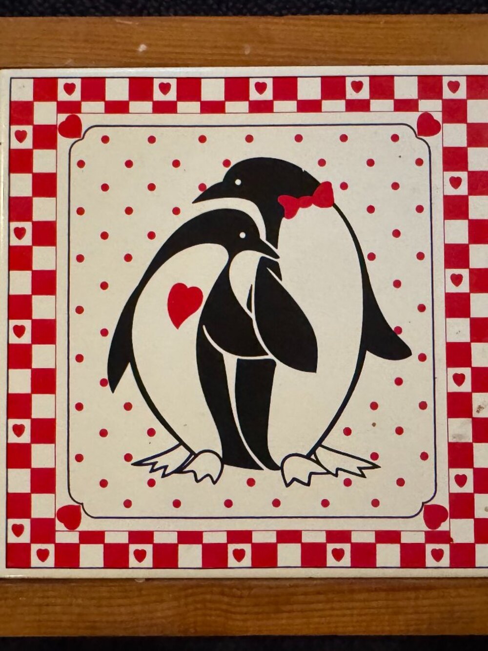Wood-Framed Ceramic Tile Trivet 6x6", Penguins in Love, Valentine Theme